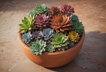 Vibrant succulents thrive in a rustic terracotta pot , leaves, cactus, bright