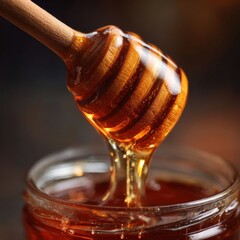 Golden honey dripping from a wooden dipper into a glass jar. Rich, sweet, and delicious!