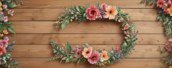 Watercolor painted floral wreath, wooden texture background  , frame, painting, blossom