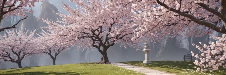 White memorial, pink cherry blossoms blooming, tree, scene, architecture