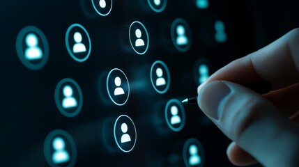 Hand navigating digital world clicking button on interactive computer screen interface