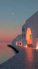 Serene Seaside Evening: An atmospheric photograph captures a charming whitewashed building gracefully positioned by the tranquil waters, its warm interior inviting amid the calming twilight.
