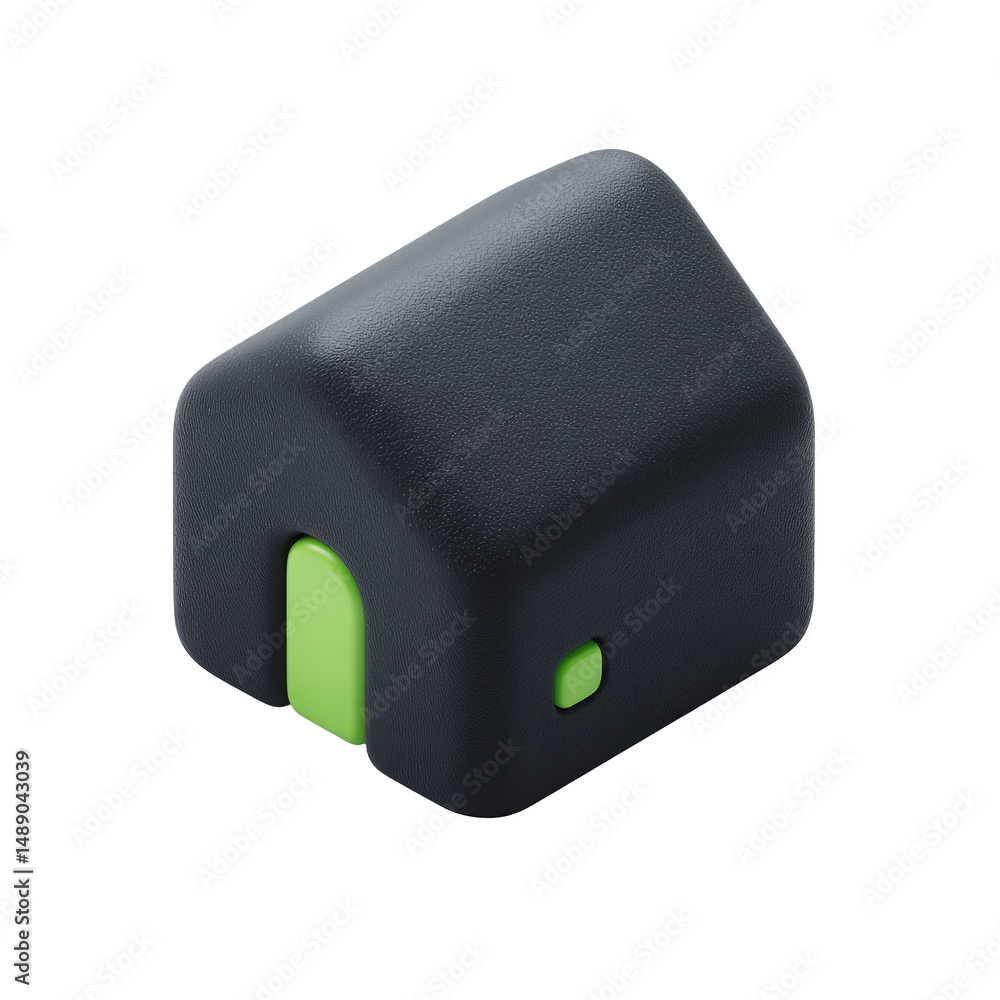 Poster isometric view of a black and green block with a textured surface, minimalist design