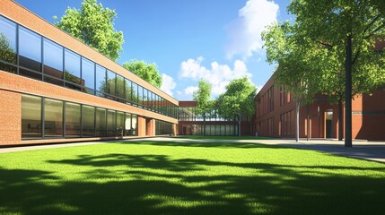Obraz premium Modern Brick School Building with Green Lawn and Sunny Day