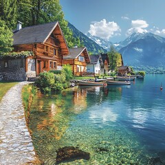 Naklejka premium A picturesque lakeside village featu charming wooden houses and small boats floating on clear turquoise water surrounded by majestic mountains and lush greenery.