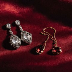 Elegant pair of diamond earrings and gemstone pendants displayed on a rich burgundy velvet background.