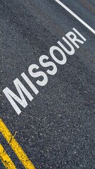 Missouri road marking on asphalt highway with yellow and white lines