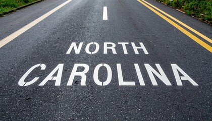 Road markings with 'north carolina' text on asphalt highway