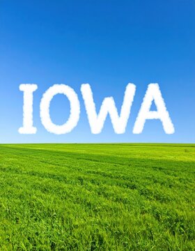 Iowa skywriting over lush green field on a clear summer day
