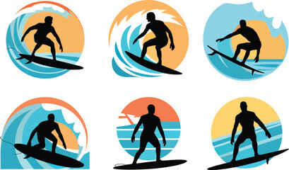 Surfing silhouettes ocean waves summer sport