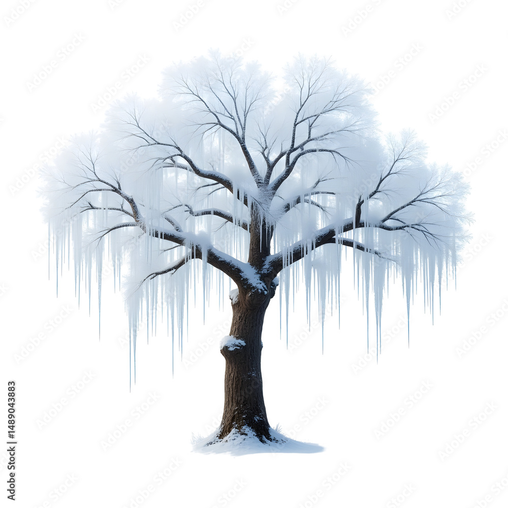 Poster an isolated tree covered with ice stands majestically against a plain backdrop, creating a serene an