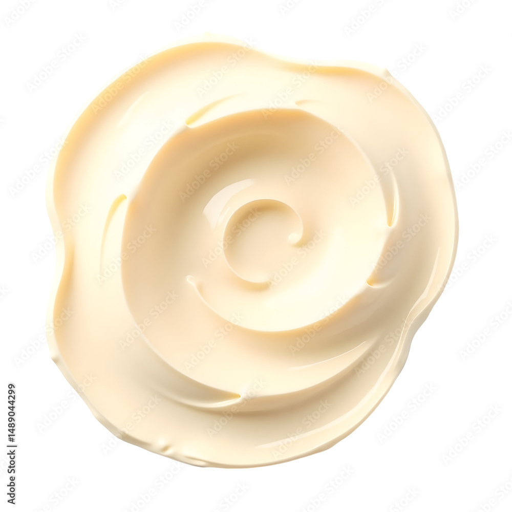 Poster an overhead view of a smooth cream swirl forming a captivating circular shape against a solid color 