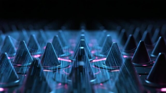 Futuristic rows of cones. Design. Black rows of cones stand out with neon glowing lines in dark space. Cybernetic cones with neon lines carry information data