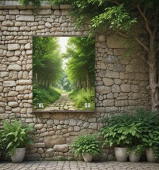 Outdoor poster mockup on aged stone wall, lush green trees,  leaves,  spring
