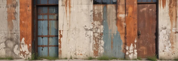 Weathered industrial facade; peeling paint reveals rusted metal beneath  Urban decay , industrial building, vintage, facade