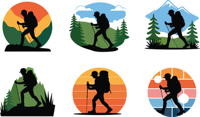 Silhouette hikers trekking various mountain landscapes