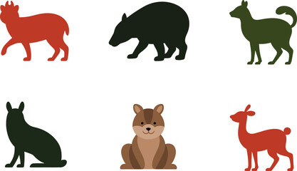 Six adorable animal silhouettes red green brown black