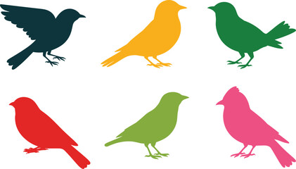 Six colorful bird silhouettes nature design
