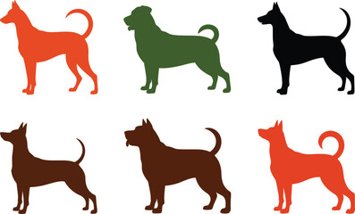 Six dog silhouettes different colors breeds