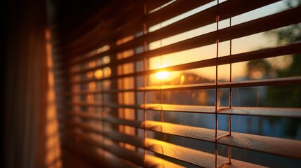 Warm sunlight streaming through wooden blinds creating a cozy interior aesthetic.