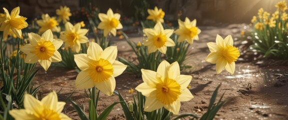 Obraz premium Golden daffodil blossoms, sun-drenched petals shimmer , closeup, daffodils, gold