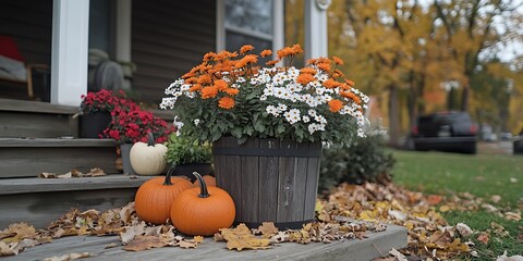 Autumn porch with colorful flowers and pumpkins