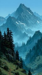 Majestic Mountain Vista: A breathtaking mountain vista unfolds, where rugged peaks pierce the sky amidst layers of atmospheric mist, a testament to nature's grandeur.
