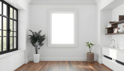 White frame in white interior mockup 3D rendering. White tone