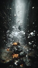 Underwater Mystery: An evocative view looking upwards, the depths of the ocean reveal a mesmerizing dance of light and air bubbles, an underwater realm of exploration and mystery.