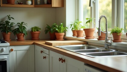 Kitchen Space With Wooden Countertop And Sink