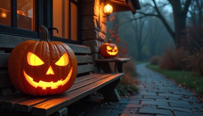 Pumpkin Carved Into Spooky Halloween Decoration