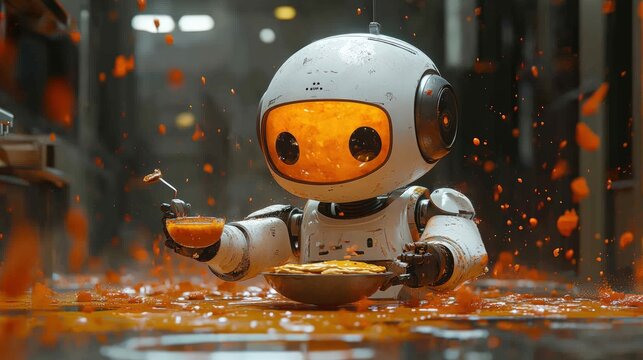 Cute robot enjoying a meal in a vibrant environment
