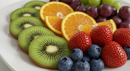 Colorful Fresh Fruit Platter with Sliced Berries and Citrus on Serving Tray Realistic Image