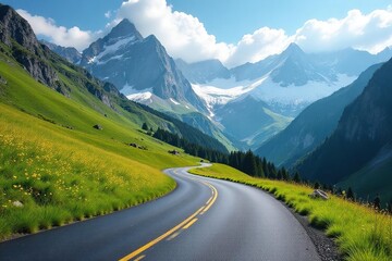 Naklejka premium Mountain pass road winds through alpine meadows, snow-capped peaks , vista, road trip