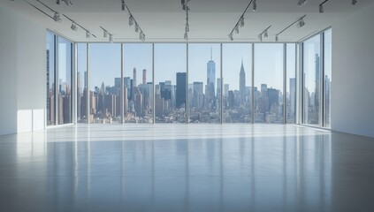 Panoramic city view from a minimalist, spacious room