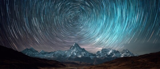 Majestic mountain range under a breathtaking star trails sky.  A mesmerizing night scene.