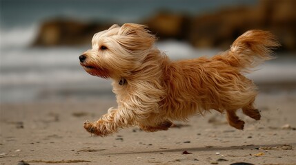 A fluffy, light brown dog runs playfully across a sandy beach, its fur blowing in the wind. Pure joy!