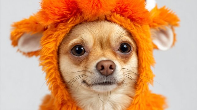 Playful Chihuahua Dog in Funny Orange Costume Portrait