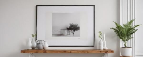Stylish photo frame arrangement against a white wall; clean, modern interior mockup ,  space,  various styles,  apartment