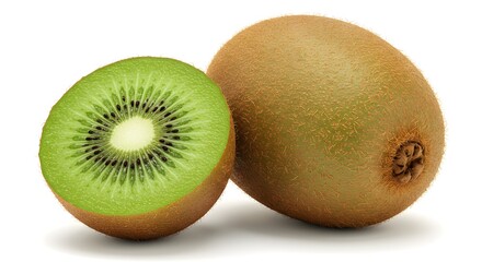 Fototapeta premium Whole and Halved Kiwi Fruit with Green Flesh and Seeds on White Background