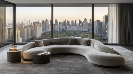 Modern curved sectional sofa with city view.