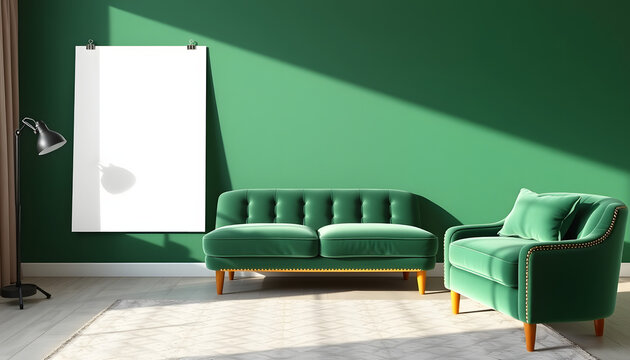 Blank poster, A format letter mockup template on a velvet, green art deco furniture. Real photo, isolated surface to place your design, studio lighting. White tone - Powered by Adobe