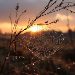 Sunrise illuminates a dewy spiderweb clinging to a wild plant.  Nature's delicate beauty at dawn.