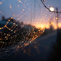 Sunrise illuminates a glistening spiderweb, each droplet catching the warm light. Nature's delicate artistry.
