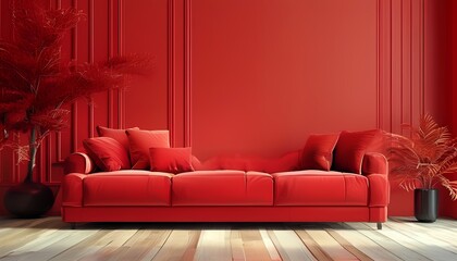 Stylish red sofa in modern living room interior design cozy environment bright concept