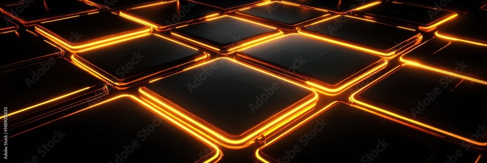 Poster neon glowing squares arranged in a captivating pattern on a dark futuristic backdrop, showcasing a c