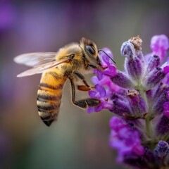 Close-up of a honeybee collecting pollen from a vibrant purple lavender flower.