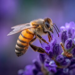 Honeybee on Lavender: A close-up of a honeybee collecting nectar from a vibrant purple lavender flower.