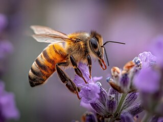 A close-up shot of a honeybee in flight, collecting pollen from a vibrant purple lavender flower.  Nature's beauty in perfect focus.