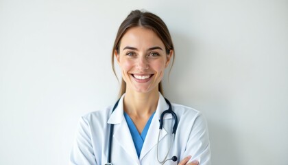 Fototapeta premium White Coat Female Doctor Holding Stethoscope